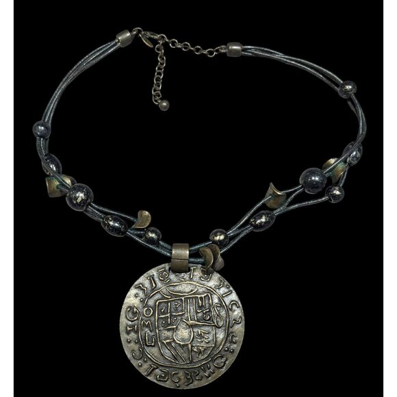 Chico's Brutalist Bronze And Black Medallion Necklace - Picture 1 of 6